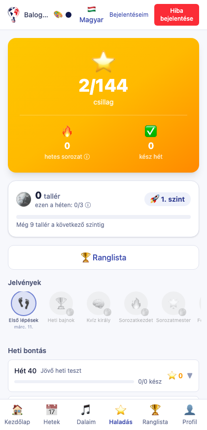 A Zenit app Haladás képernyője csillagokkal, tallérokkal és jelvényekkel